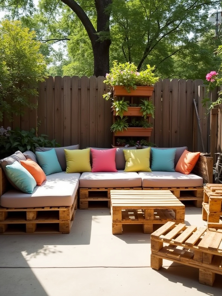 Backyard patio featuring a budget-friendly outdoor sectional sofa, coffee table, and vertical planter all made from repurposed wooden pallets, adorned with colorful cushions.