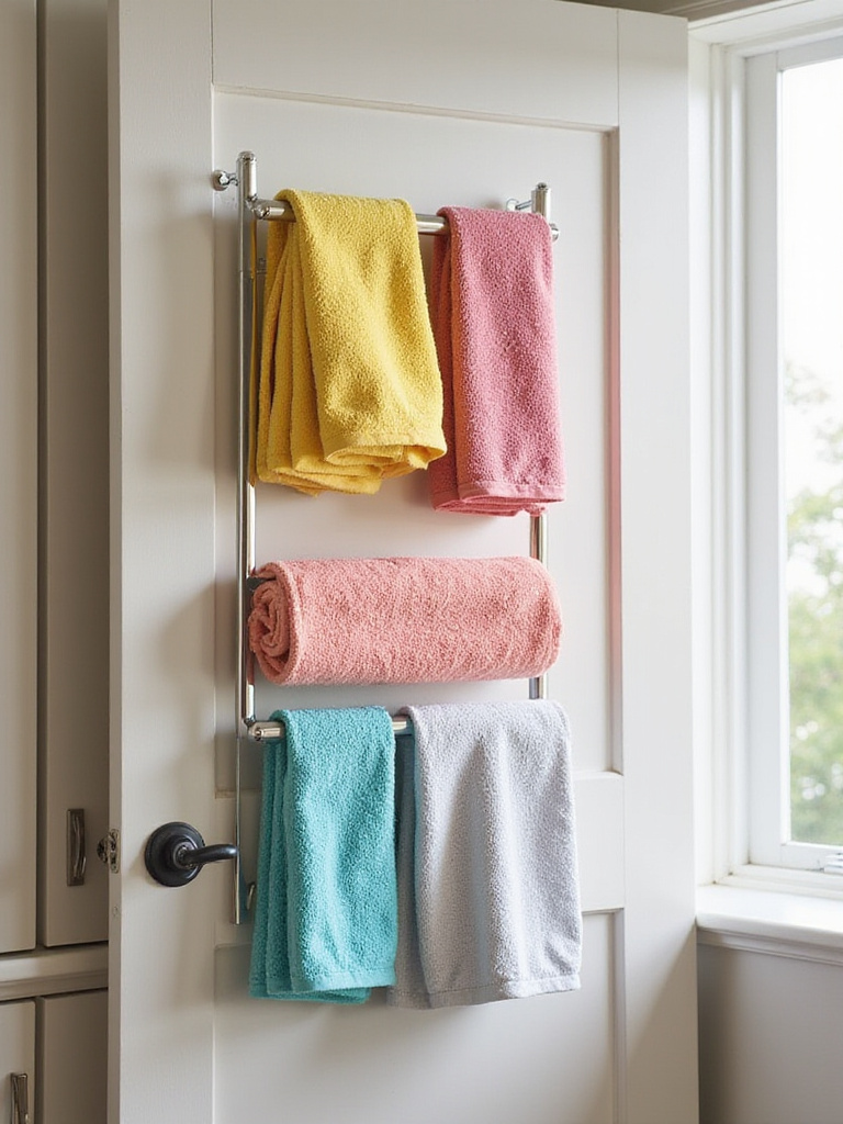 Organized kitchen cabinet door with cleaning cloths and towels on an over-the-door rack.