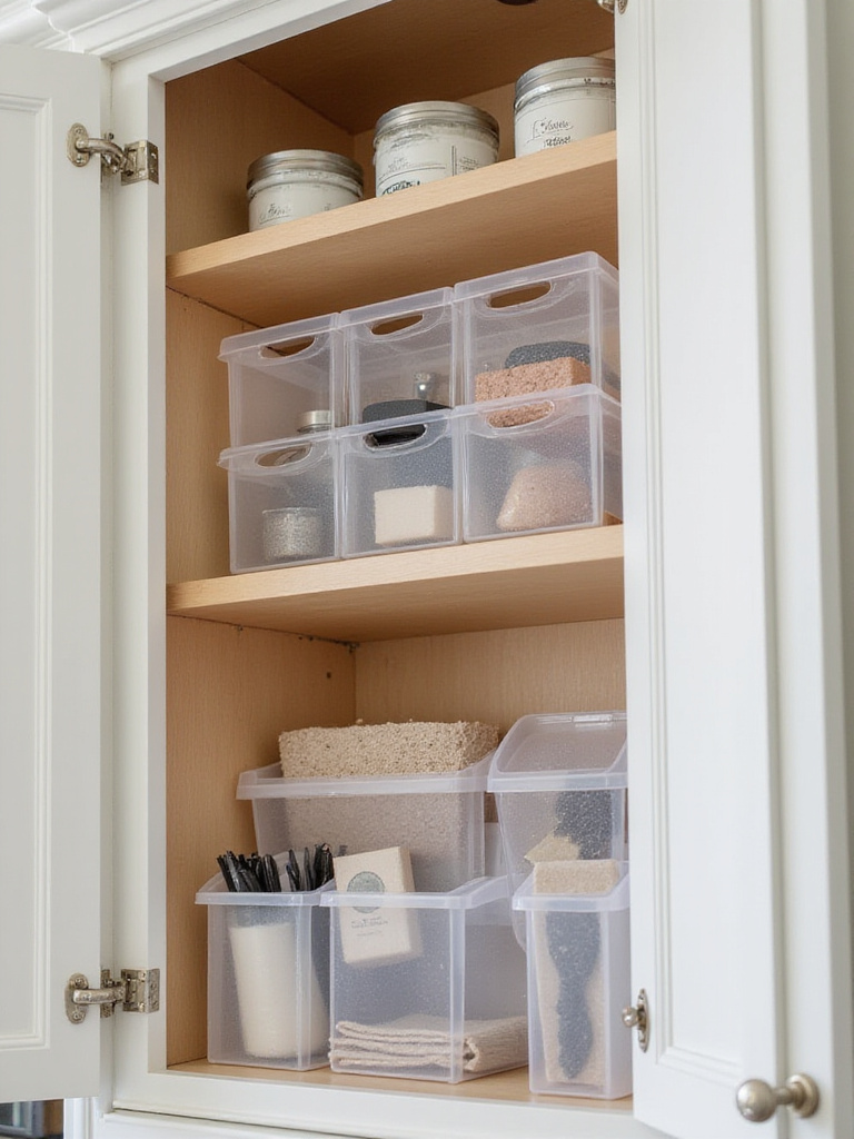 Interior of a kitchen cabinet with perfectly fitting organizers and bright lighting.