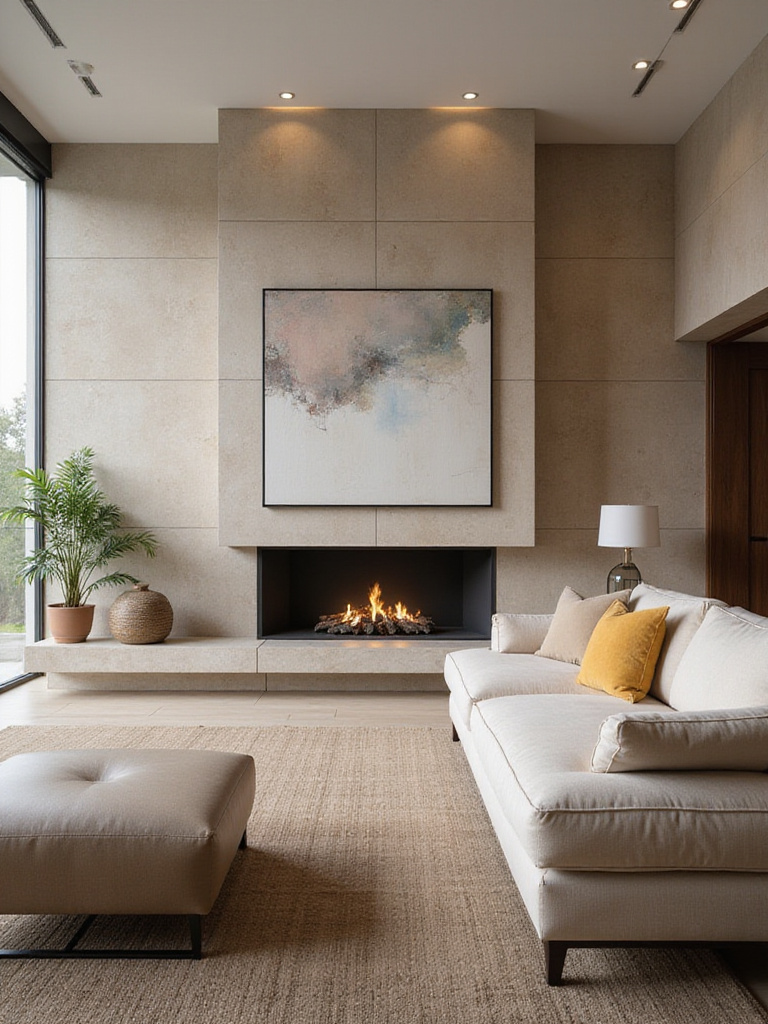 Modern living room with fireplace and large abstract art as focal point, furniture arranged around it.