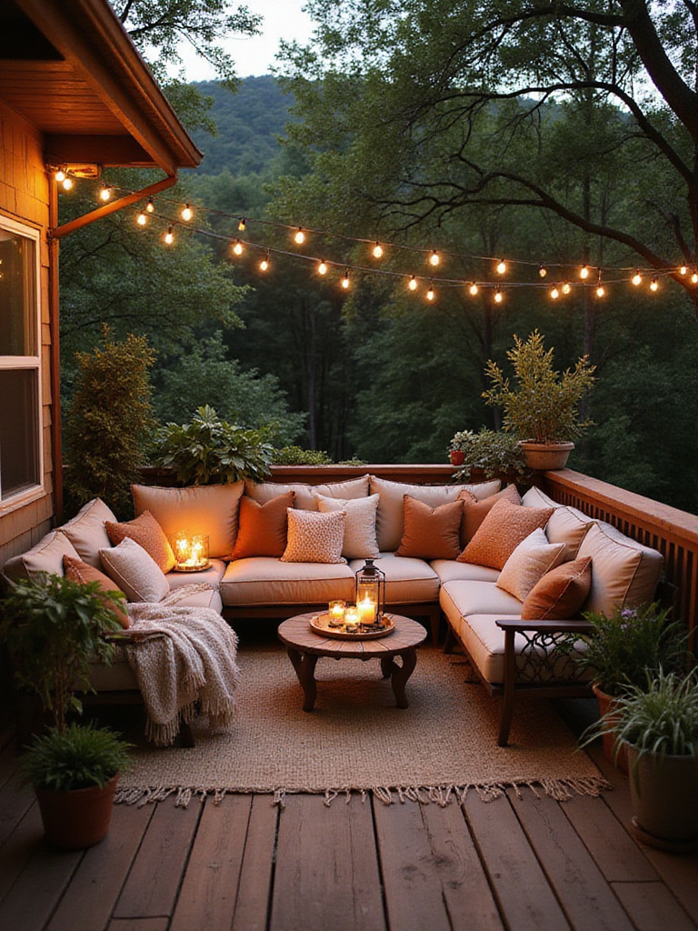 A cozy corner on a wooden deck featuring comfortable outdoor seating with plush pillows and throws, a low coffee table, an outdoor rug, string lights, and potted plants, creating an inviting relaxation nook.