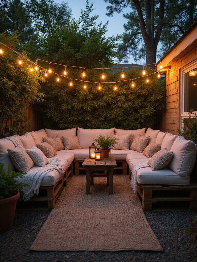 Cozy backyard seating nook created on a budget, featuring simple furniture, colorful cushions, and warm string lights.