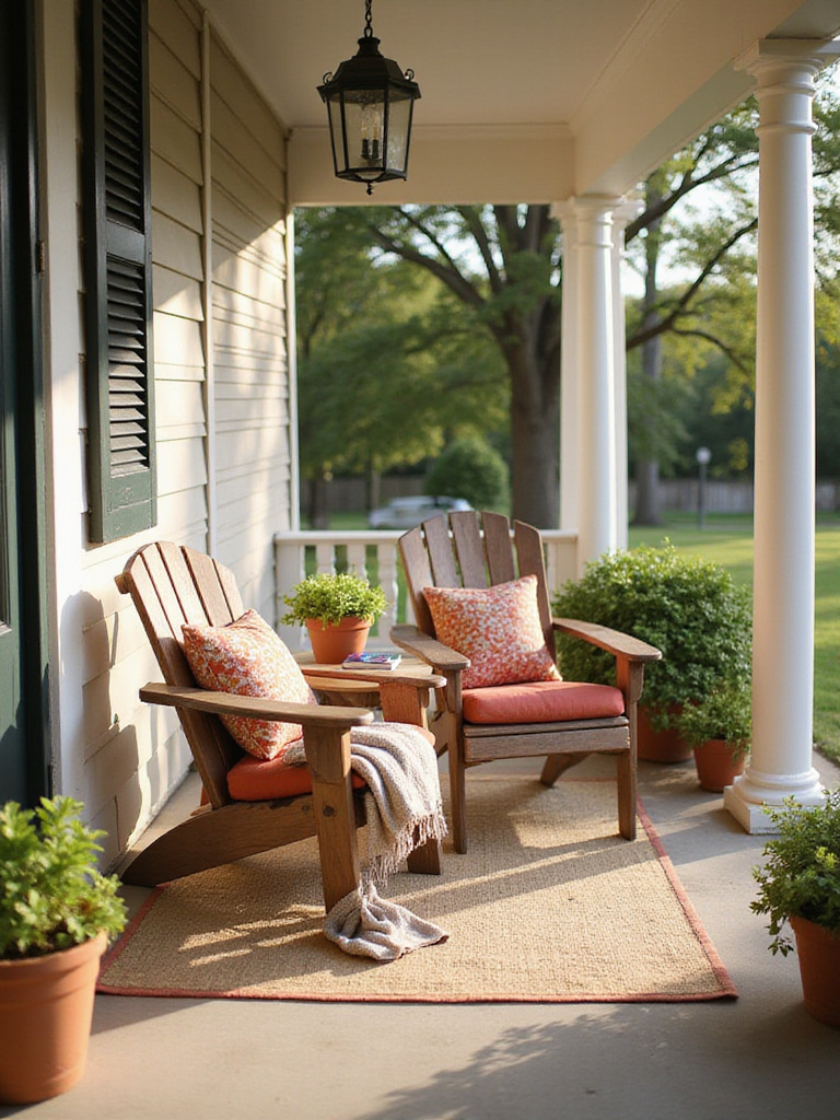 Cozy front porch with two comfortable Adirondack chairs, colorful cushions, a side table, potted plants, and an outdoor rug, creating an inviting seating nook to boost curb appeal.
