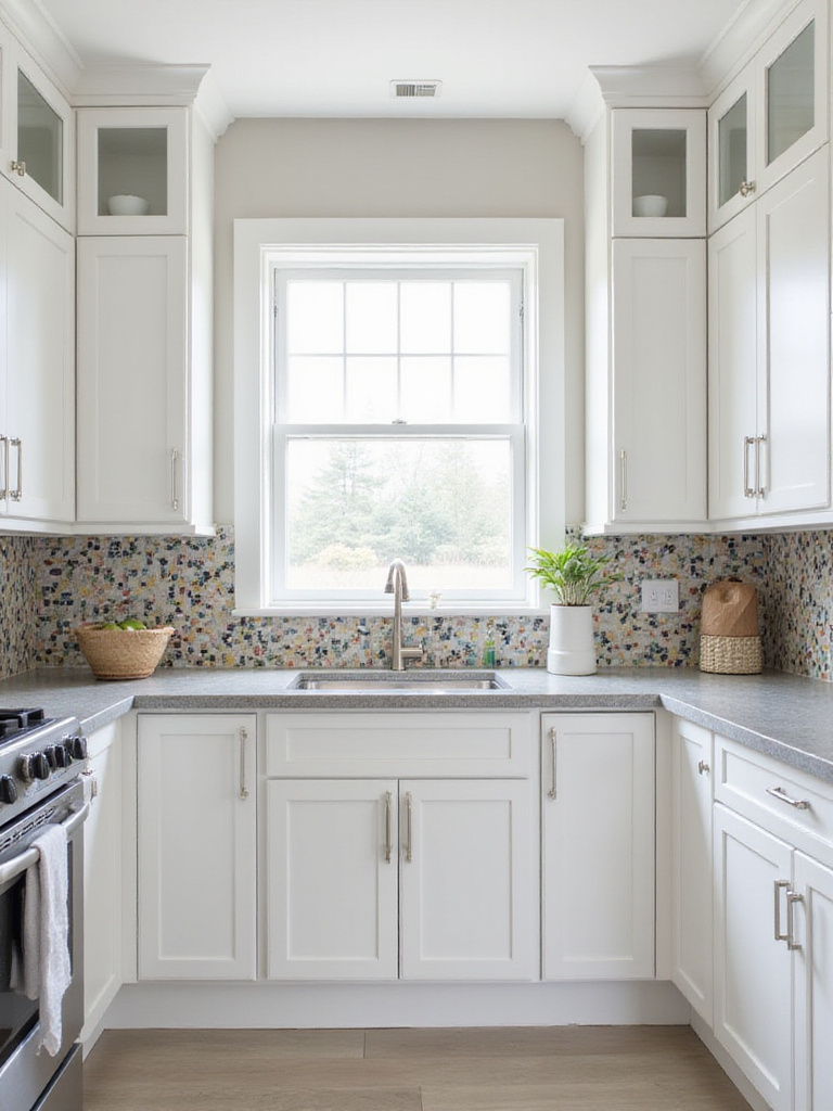 Colorful mosaic tile backsplash in a modern white kitchen.