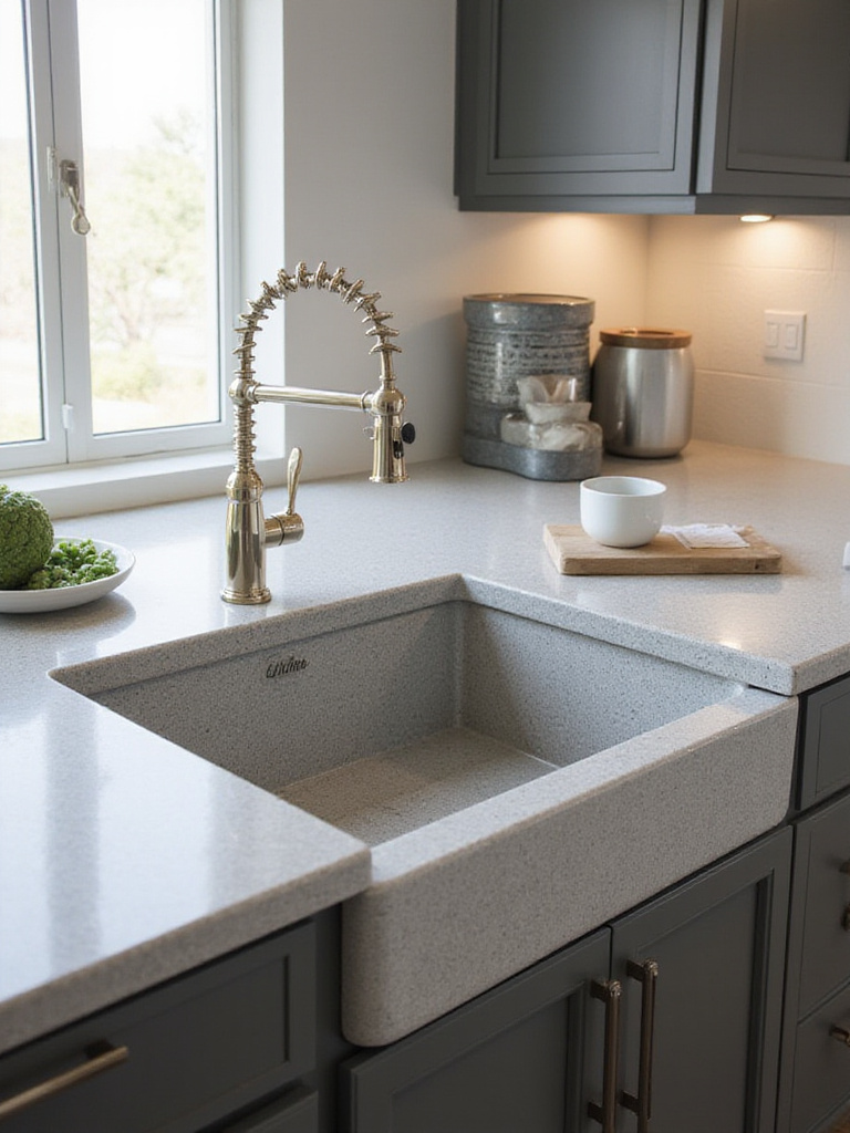 Modern kitchen with a large single-bowl granite composite sink and stylish countertop.