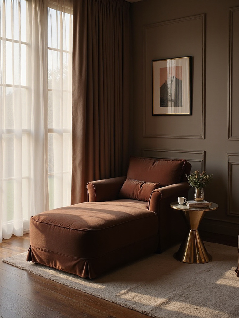 Luxurious bedroom seating nook with a velvet chaise lounge by a window, featuring soft lighting and elegant decor.