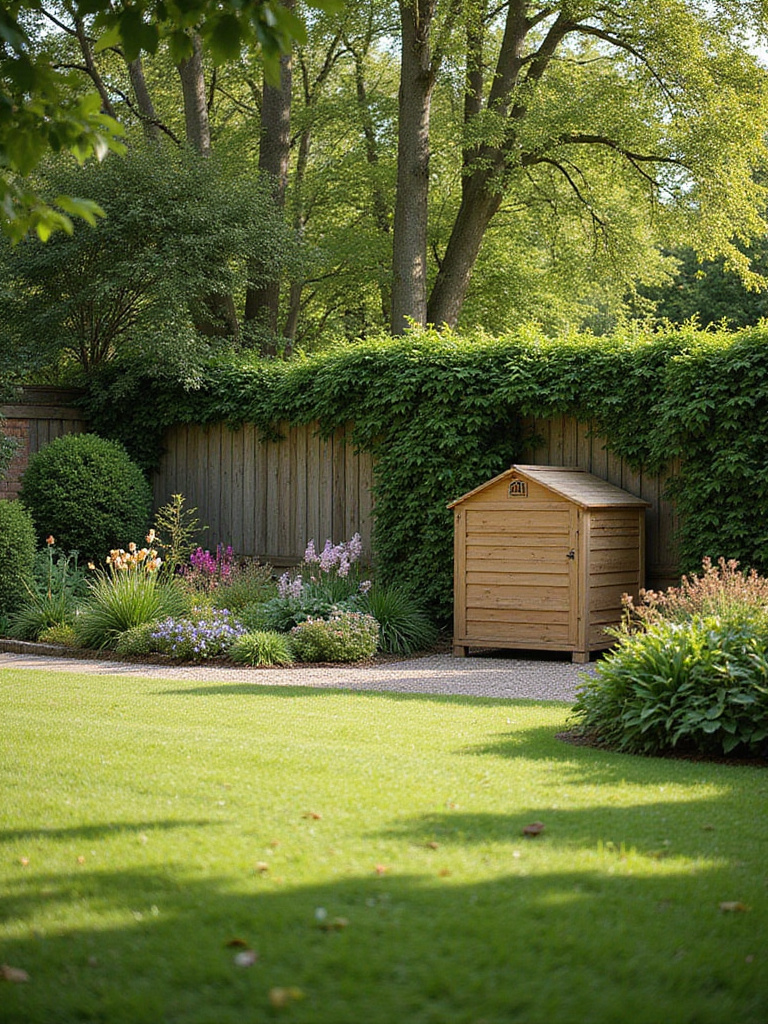A discreet wooden compost bin is subtly integrated into a beautiful garden landscape behind a low fence covered in ivy, next to lush flower beds and a green lawn.