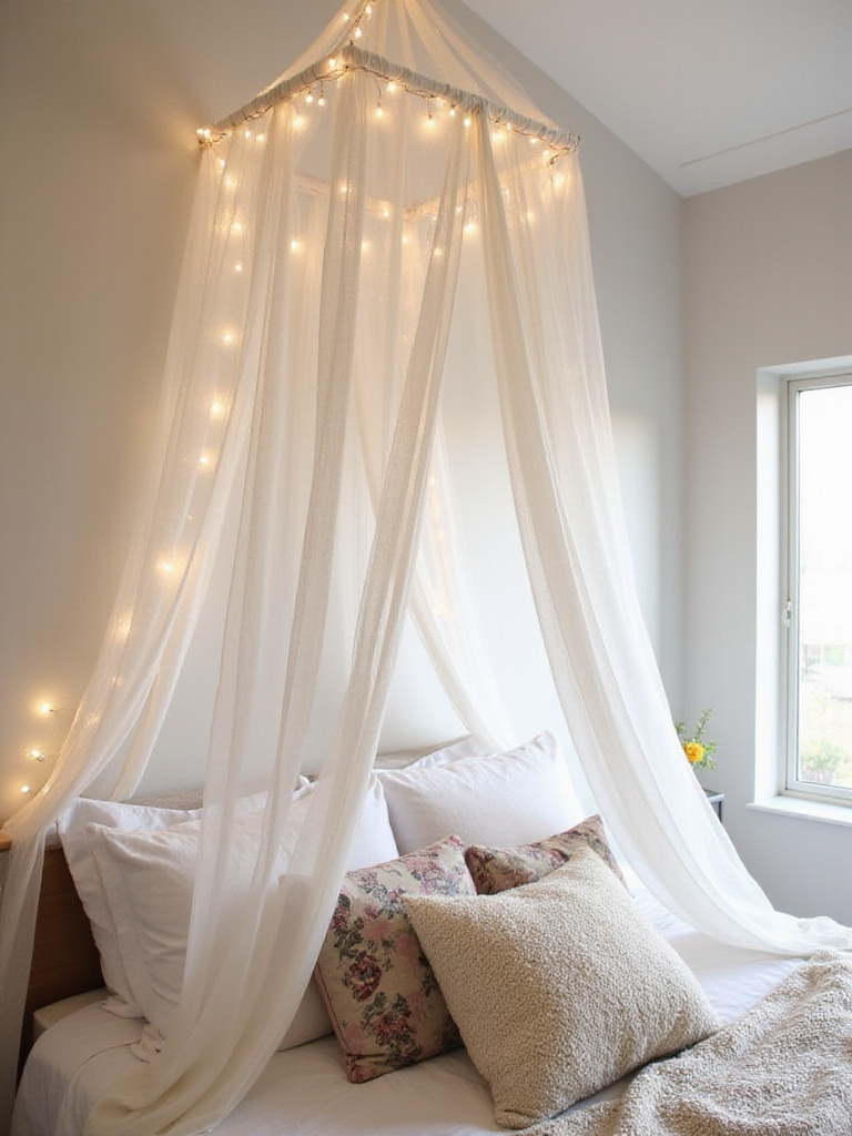 Boho bedroom with dreamy white canopy over bed