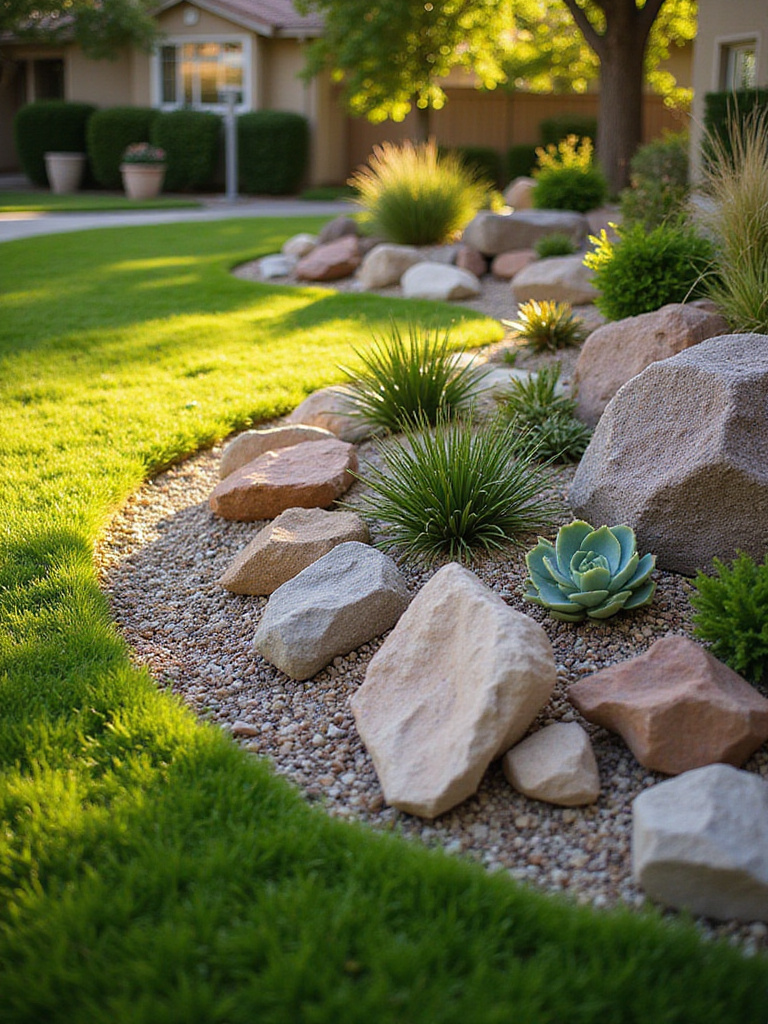 A low-maintenance rock garden feature integrated into a lawn, featuring natural rocks, drought-tolerant plants, and gravel mulch.