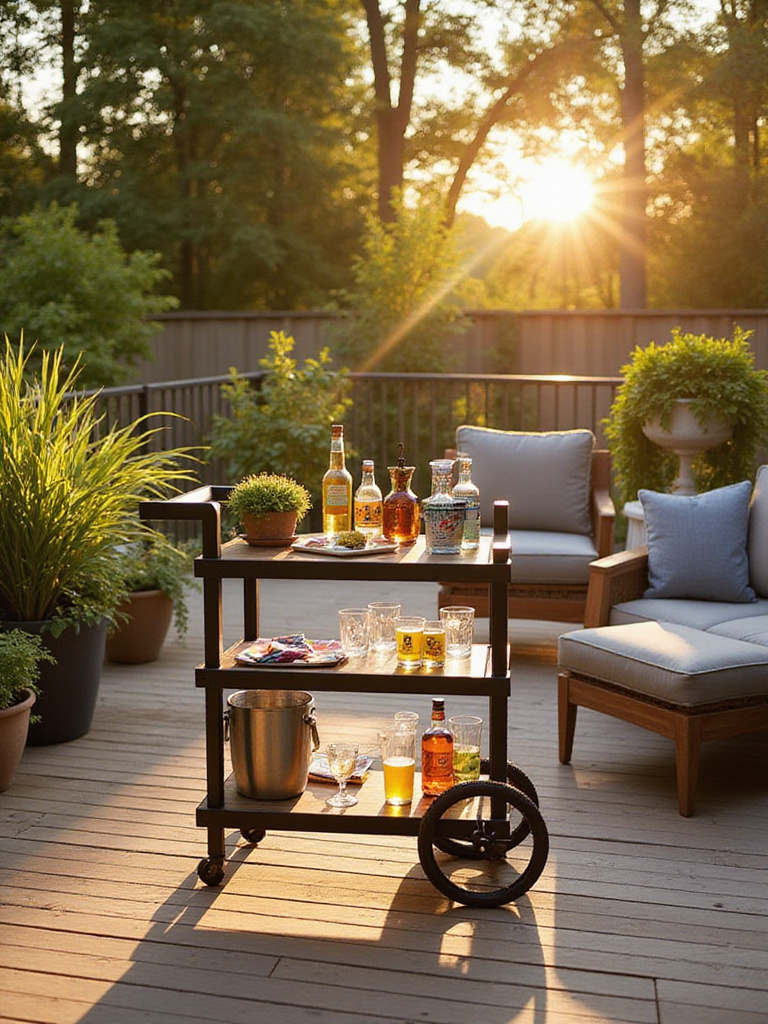 Stylish outdoor bar cart set up as a refreshment station on a wooden deck during golden hour, surrounded by outdoor furniture and plants.