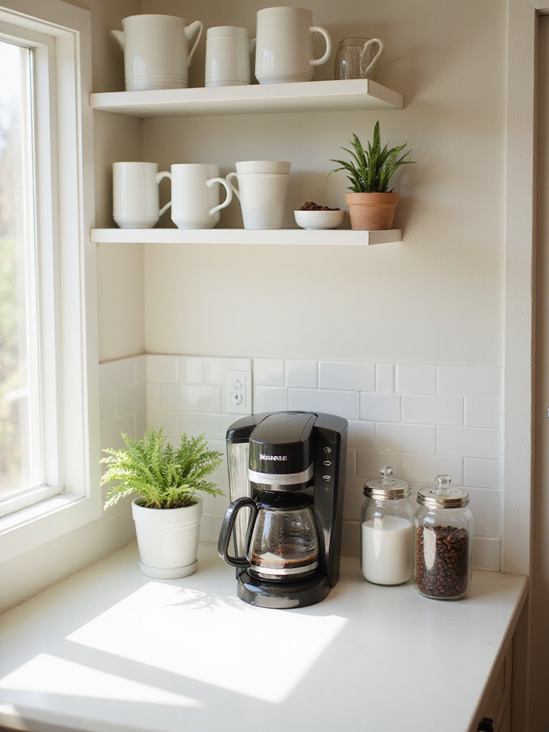 Charming and organized coffee station in a modern kitchen.