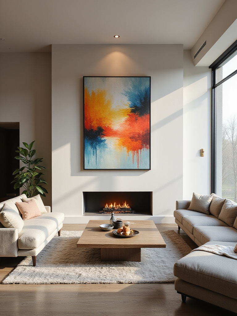 Modern living room interior showcasing a large abstract painting above a fireplace as the central focal point, with furniture arranged around it.