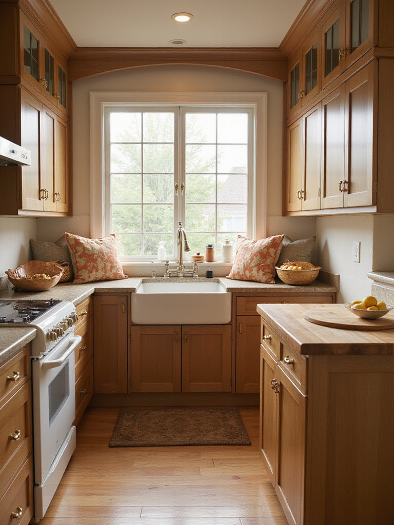 Cozy kitchen with brown shaker cabinets, butcher block countertop, and warm, inviting atmosphere.