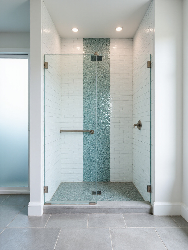 Modern bathroom featuring mixed tile styles: concrete-look floor tiles, iridescent mosaic shower accent, and white subway tiles.