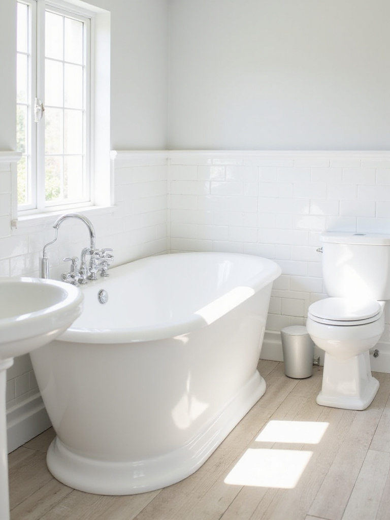 A clean and bright bathroom featuring classic white porcelain fixtures including a freestanding tub, pedestal sink, and toilet, set against neutral tile and flooring.