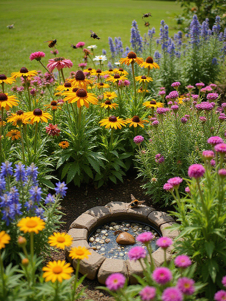 A vibrant pollinator garden filled with colorful native wildflowers, bustling with bees and butterflies.