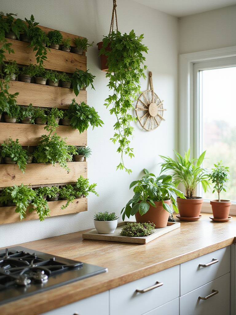 Bright kitchen with vertical herb garden, succulents on windowsill, and trailing plants on cabinets.