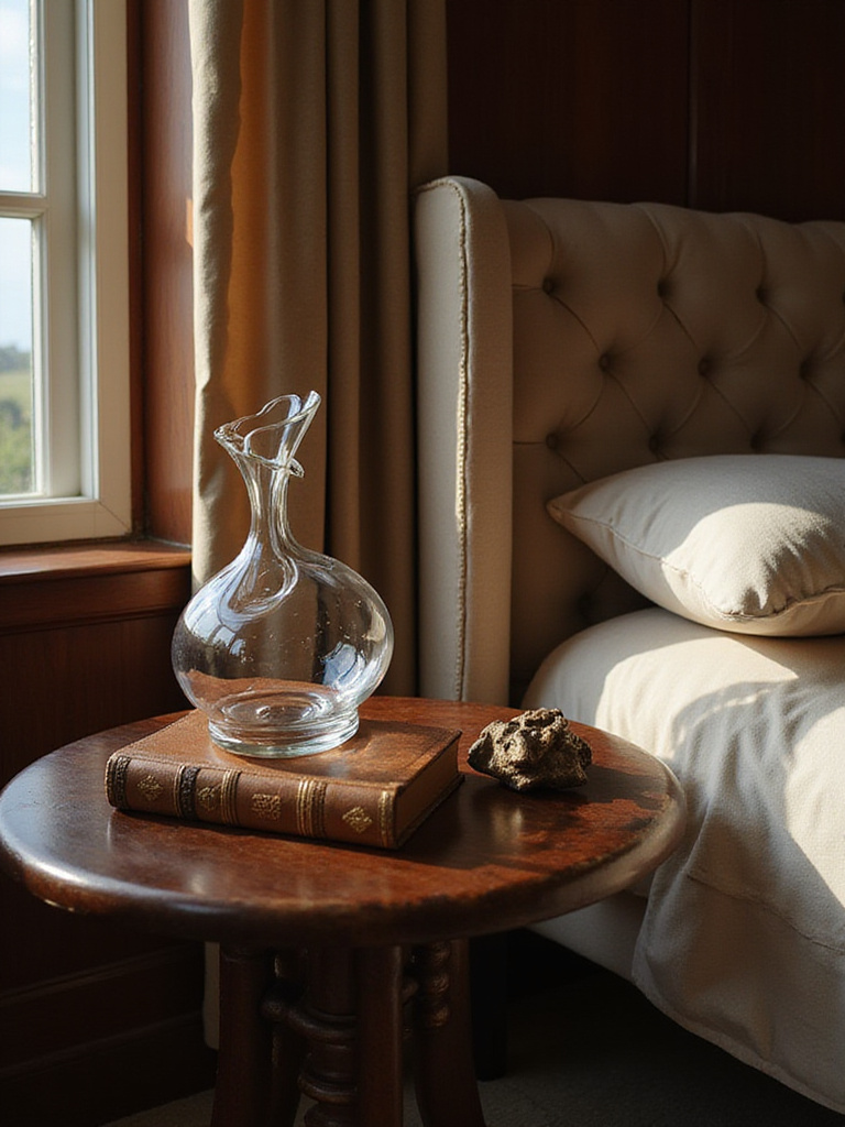 Luxury bedroom bedside table showcasing curated bespoke decorative accessories including a unique glass vase, antique books, and a small sculpture, bathed in soft light.