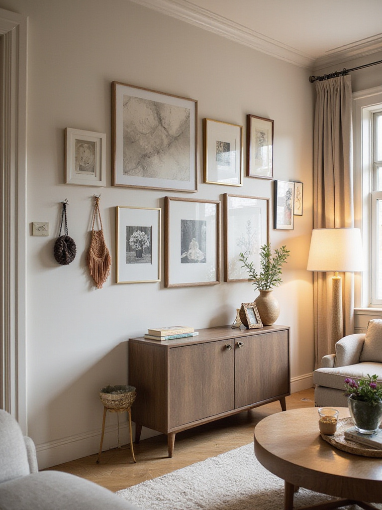 A curated gallery wall above a sofa in a modern living room, featuring a mix of framed art and decorative elements.