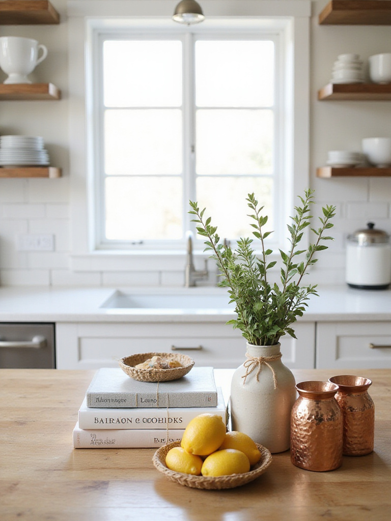 Modern farmhouse kitchen countertop with decorative accessories including herbs, cookbooks, and copper canisters.