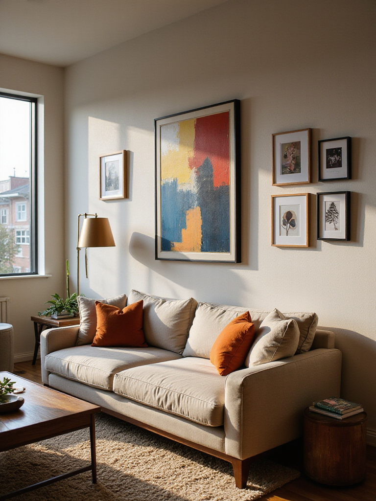 Modern living room with vibrant wall art above sofa, adding color and personality to the decor.