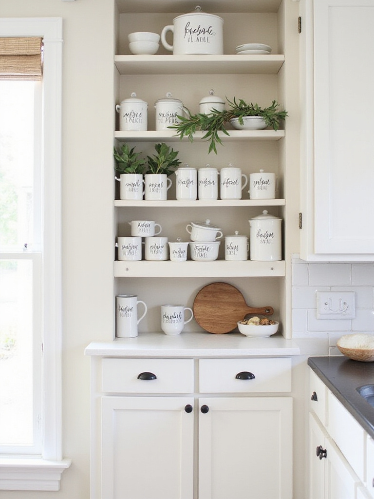 Farmhouse kitchen with open shelving displaying a collection of Rae Dunn pottery.