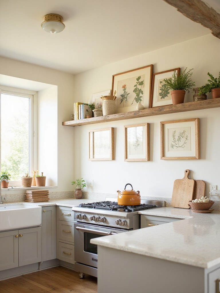 Farmhouse kitchen with botanical prints and wooden shelf
