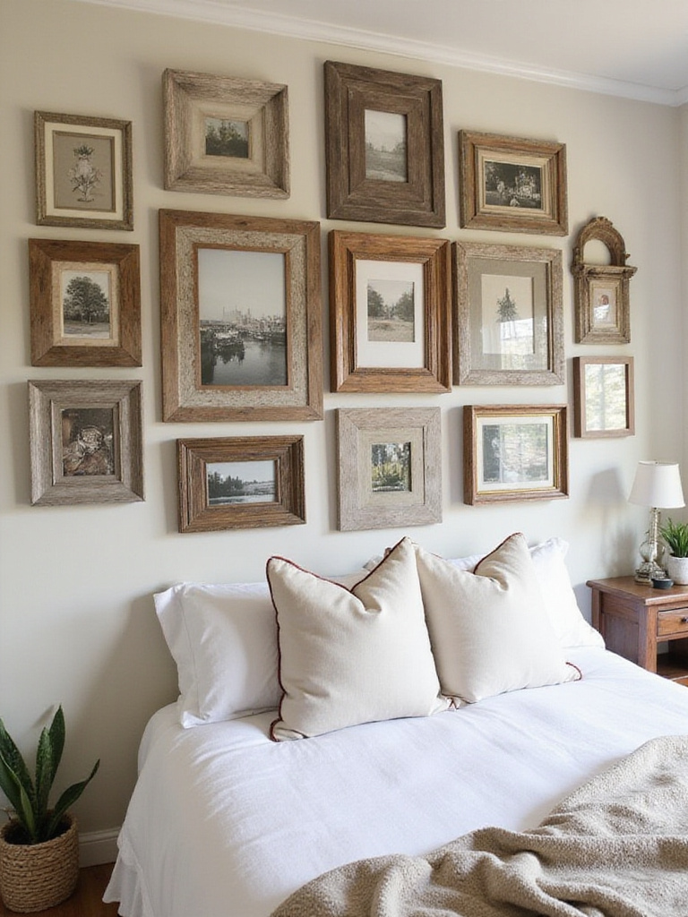 Gallery wall with rustic frames displaying art and photographs in a cozy bedroom setting.