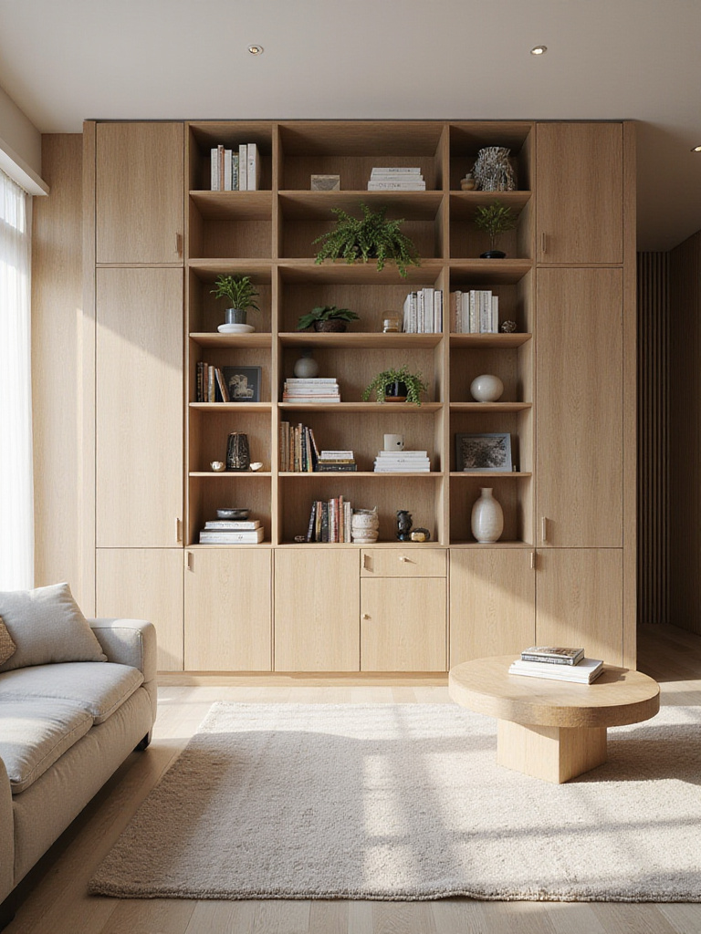 Modern living room featuring a custom-built floor-to-ceiling bookshelf.