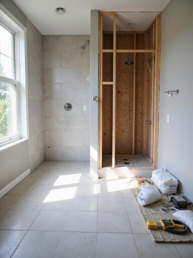 Bathroom remodel scene showing a clear division between finished, tiled areas and sections with exposed studs and construction materials, illustrating the choice between DIY and professional work.