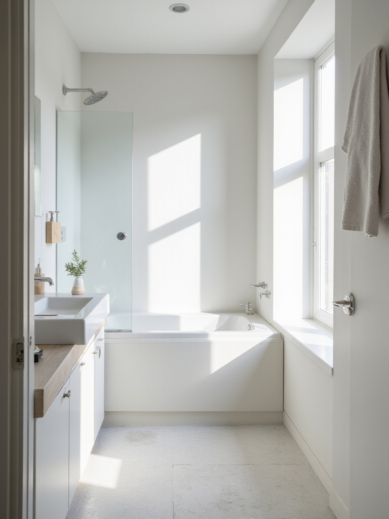 A clean and tidy small bathroom interior showcasing the benefits of ruthless decluttering, with minimalist decor and clear surfaces.