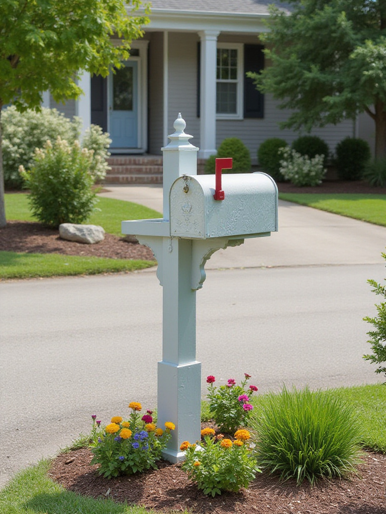 A charming decorated mailbox and post with colorful flowers planted around the base, enhancing the curb appeal of a home.