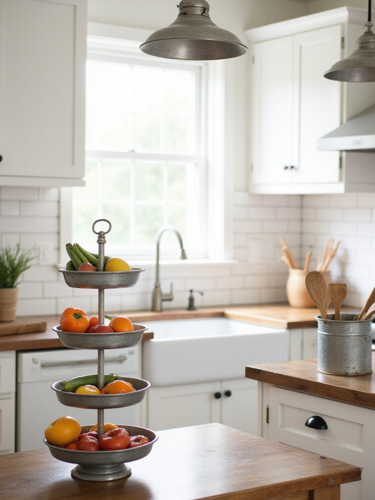 Farmhouse kitchen with galvanized metal decorations: tiered fruit stand, utensil holder, and pendant light.