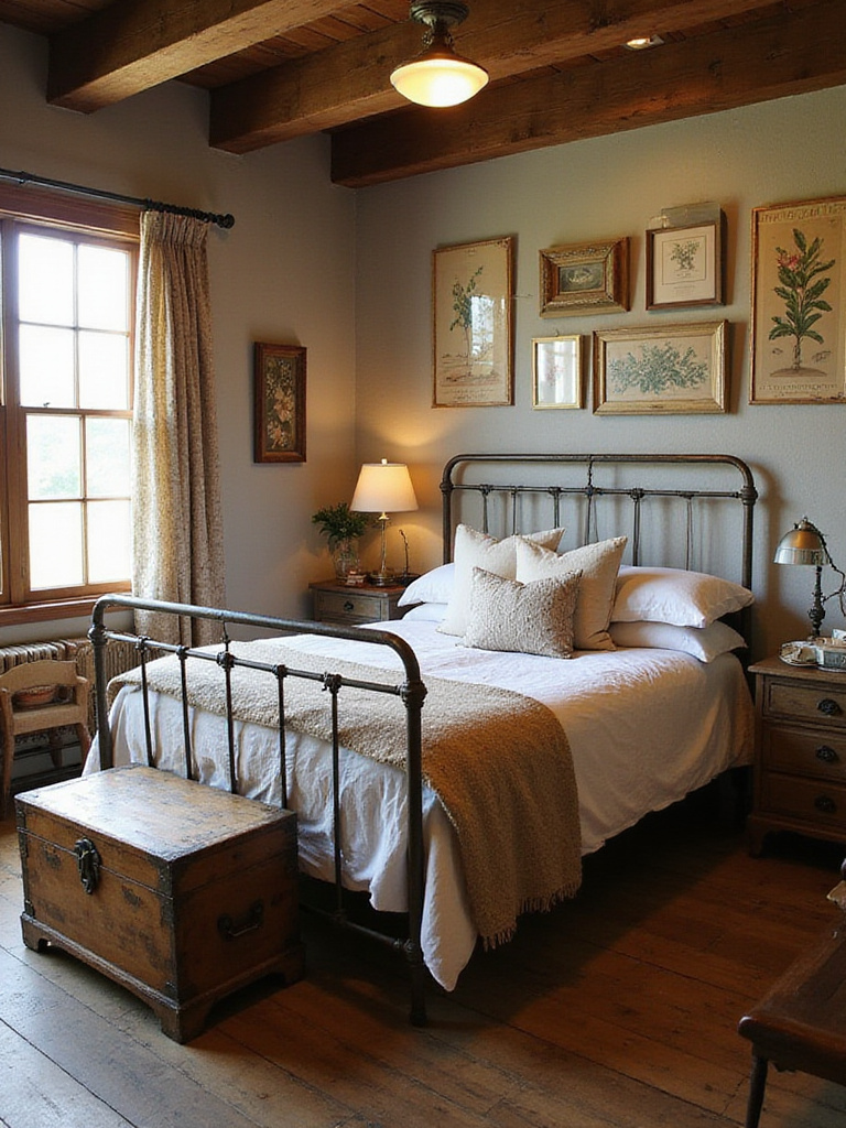 Rustic bedroom decorated with vintage finds and antiques, showcasing a wooden chest and an antique bed frame.