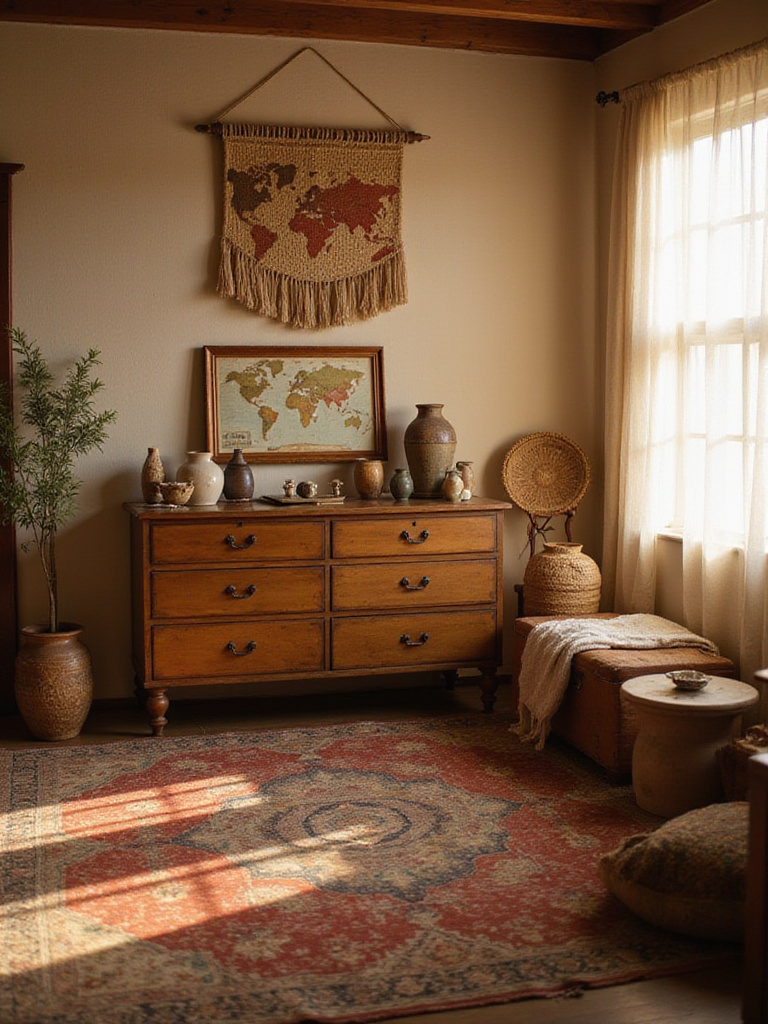 Boho bedroom corner featuring vintage dresser, global textile wall hanging, and layered vintage rugs.