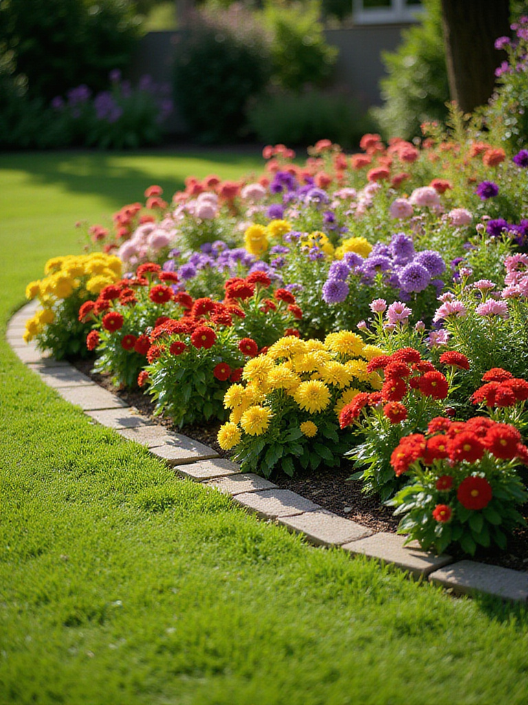 Vibrant flower bed with colorful blossoms defining the curved edge of a green lawn.