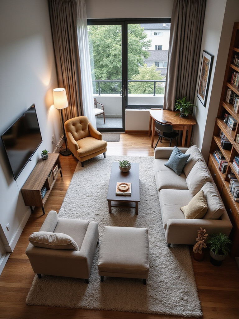 Modern living room showing functional zones: seating area, reading nook, and desk defined by furniture and rugs.