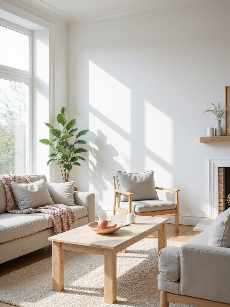 Scandinavian style living room with minimalist furniture, light wood, natural light, and cozy textiles.