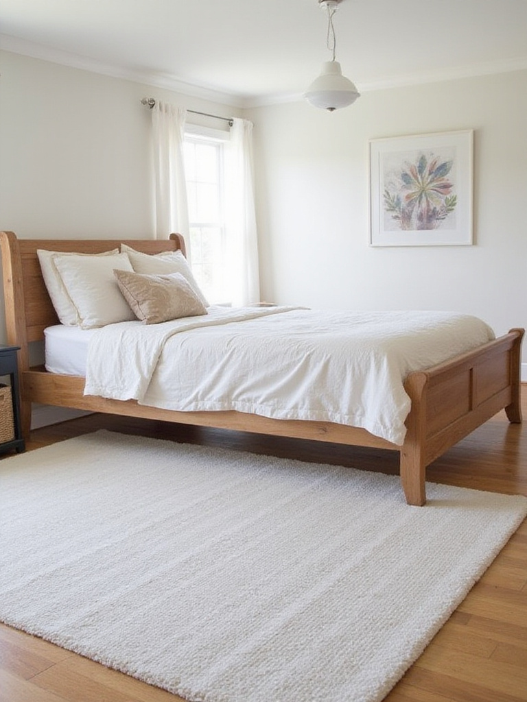 A well-placed area rug in a light color and appropriate size defining the sleeping space in a small bedroom and anchoring the furniture.