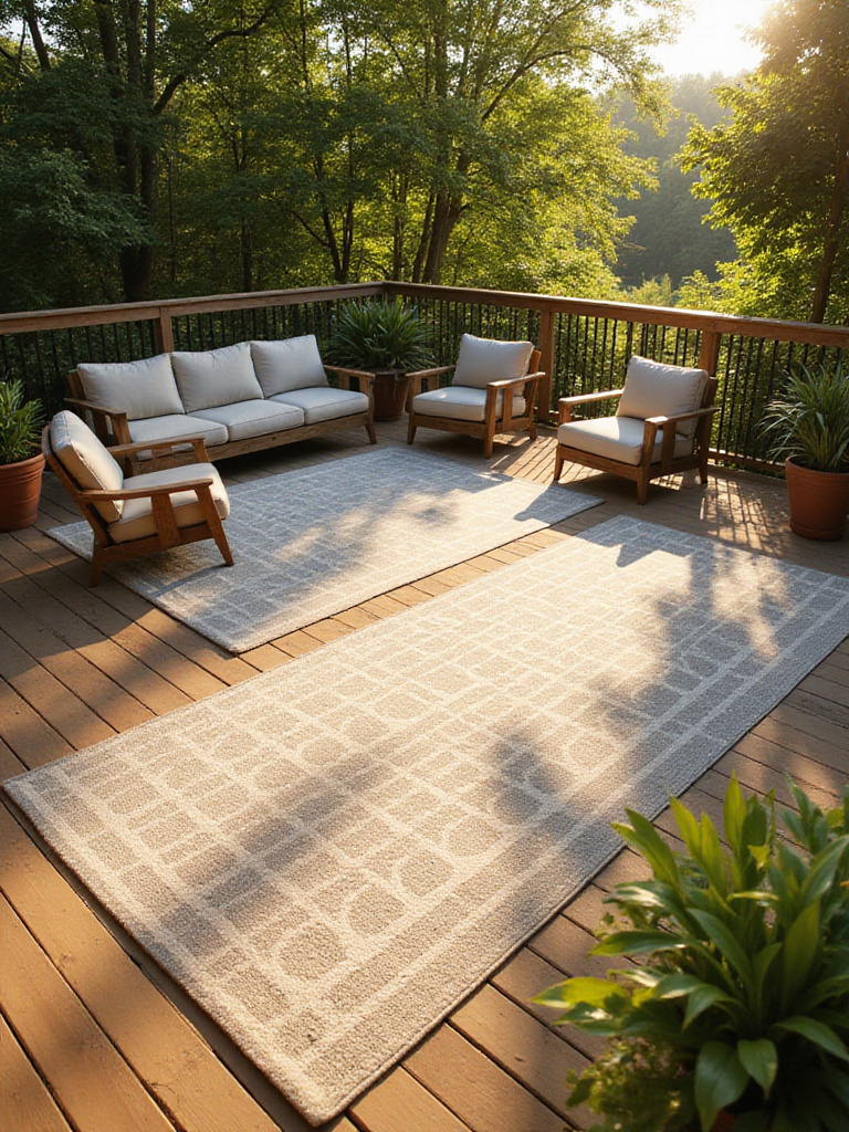 A large outdoor rug defining a comfortable seating area on a wooden deck surrounded by plants.
