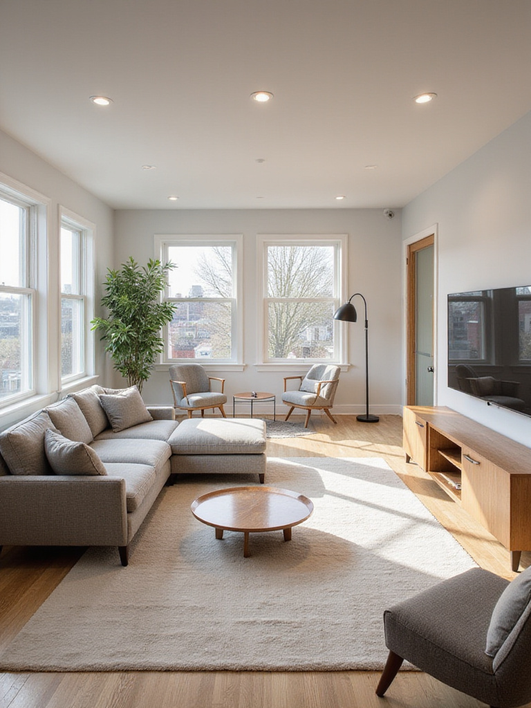 Spacious open-plan living room interior with clearly defined seating and reading zones using area rugs and furniture arrangement. Modern design with natural light.