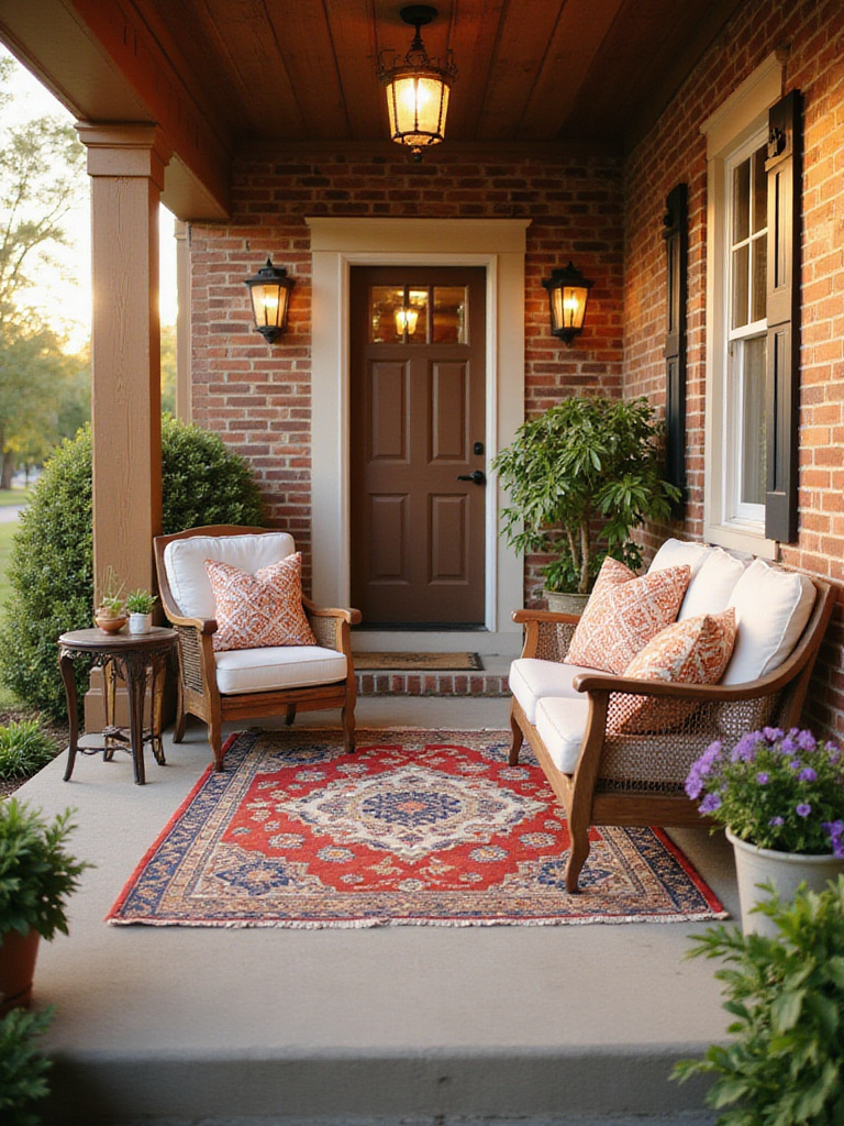A charming front porch with an outdoor rug anchoring a seating area, enhancing curb appeal.