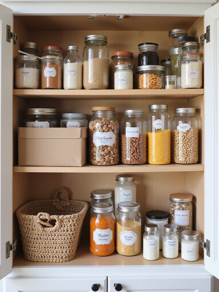 Organized kitchen cabinet with budget-friendly solutions using repurposed containers.