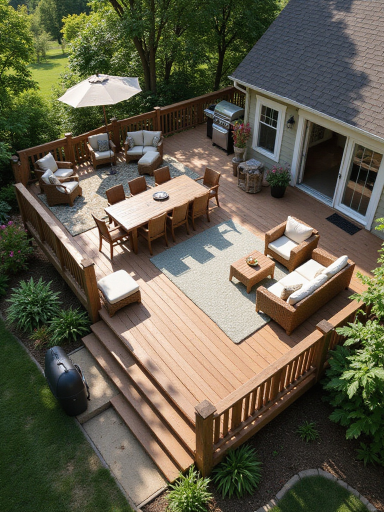 A spacious wooden deck divided into distinct zones for dining and lounging, featuring outdoor furniture and rugs to define each area.