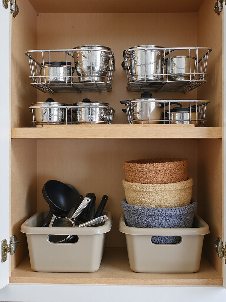 Organized kitchen cabinet with durable wire, wood, and plastic organizers