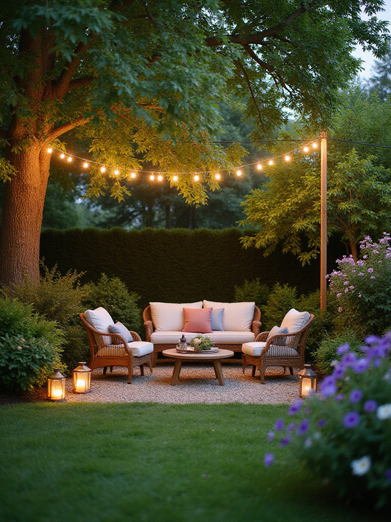 Cozy outdoor seating area in a garden with comfortable furniture, cushions, string lights, and surrounding lush plants on a gravel patio.