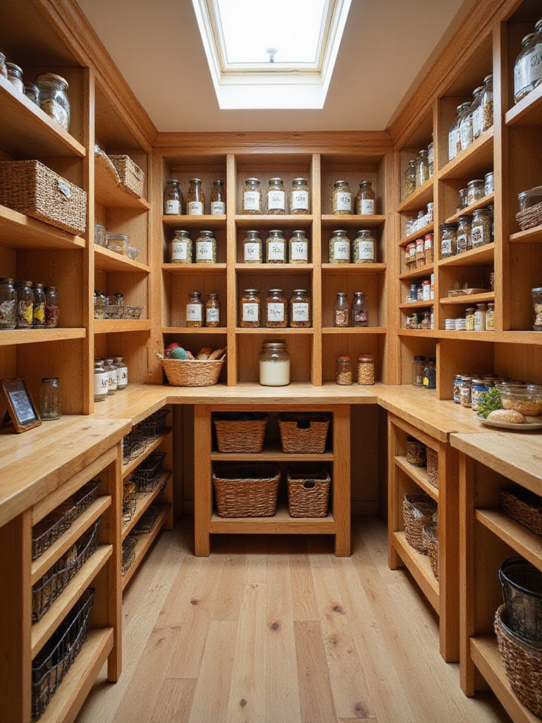 Interior of a large, well-organized walk-in pantry featuring warm wood shelving, pull-out baskets, and clear labeled jars. A small counter area is visible, and the space is brightly lit.