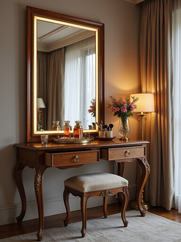 Luxurious bedroom vanity area with elegant wooden dressing table, illuminated mirror, velvet stool, and organized makeup display.