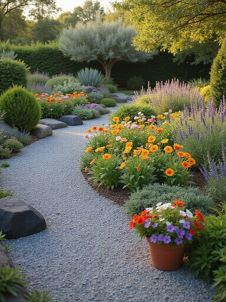 A landscape photo showing sections of a garden designed in different themes: a minimalist Zen garden with raked gravel and rocks, a vibrant cottage garden border bursting with flowers, and a Mediterranean area with terracotta pots, lavender, and olive trees.