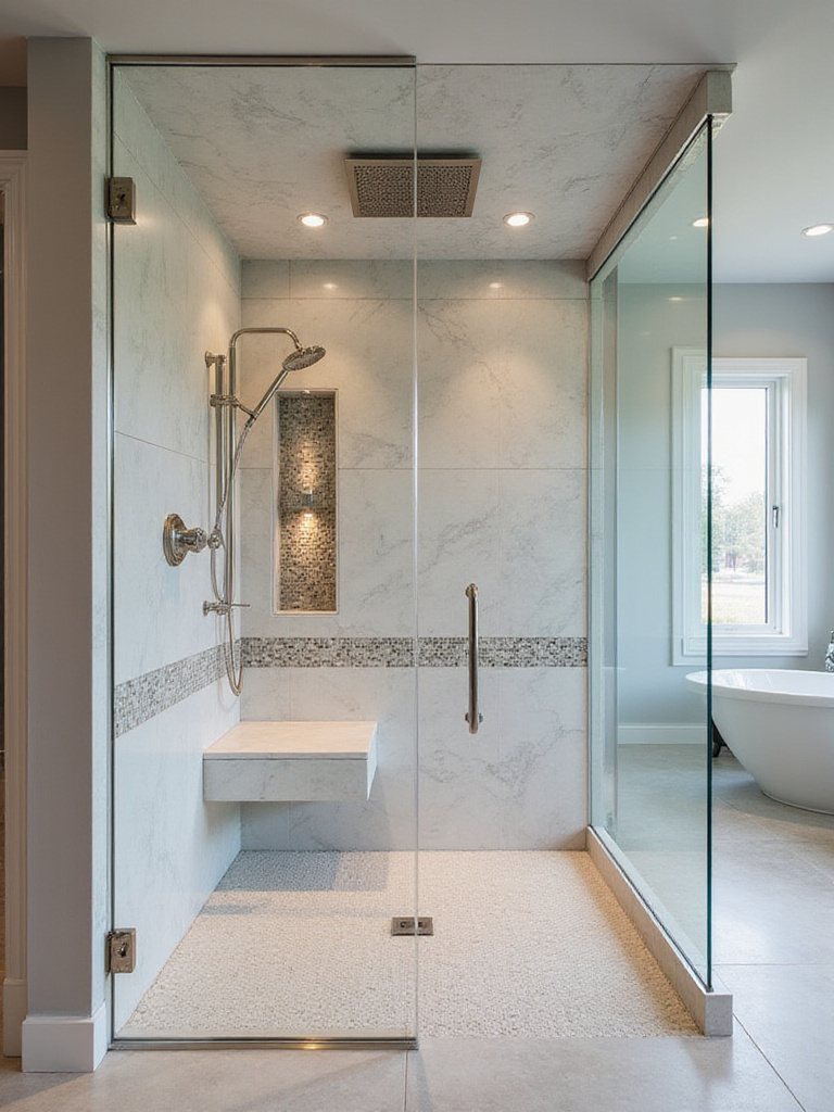 Luxurious walk-in shower in a master bathroom featuring frameless glass, rain head and handheld shower, marble-look tile walls, a built-in bench, and a linear drain. Illuminated by soft LED lighting.